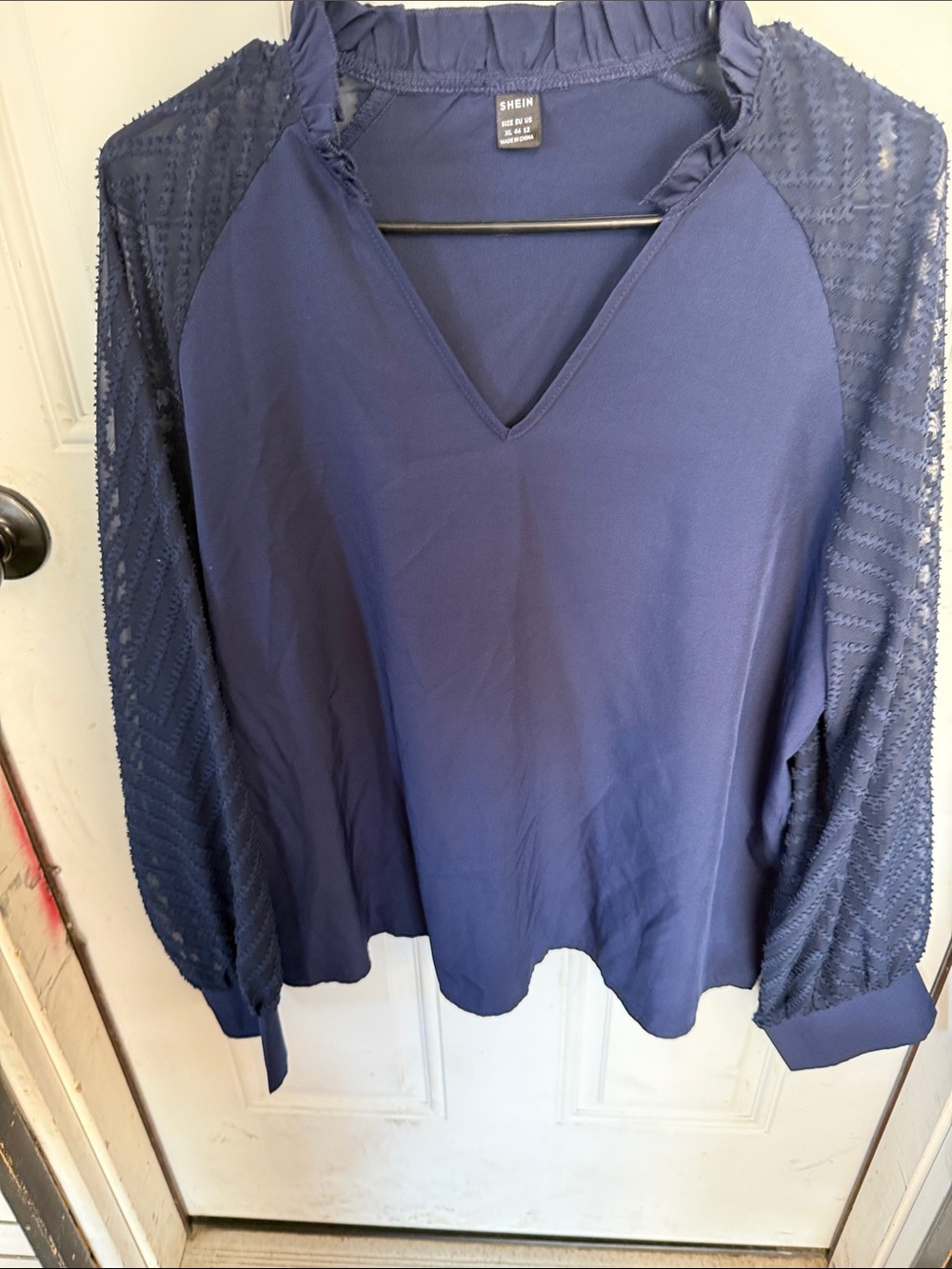 SHEIN Navy V-Neck Blouse with Sheer Textured Raglan Sleeves